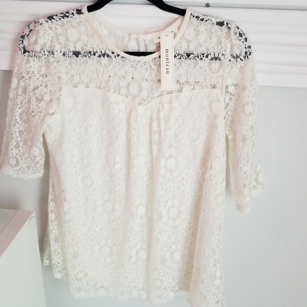 Monteau off white lace blouse with built in cami M